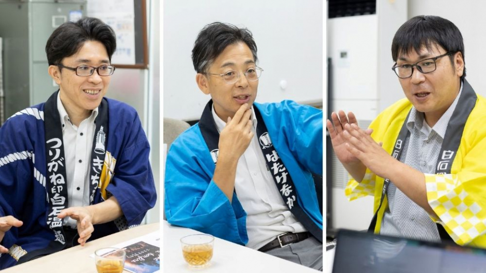 写真左から、株式会社きちみ製麺の木村敦さん、株式会社はたけなか製麺の佐藤祐二さん、白石興産株式会社の古川健太さん
