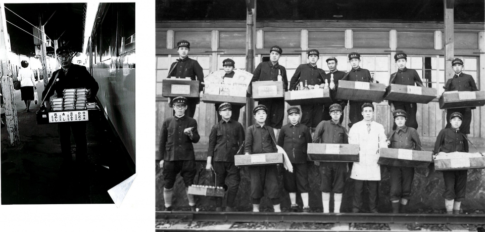 長万部駅ホームに立つ売り子達(昭和10年) 写真提供:(有)かにめし本舗かなや